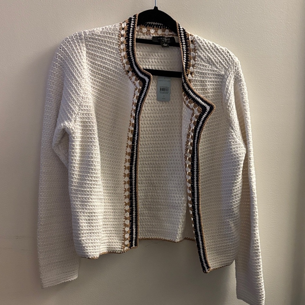 Ann Taylor White Cardigan with Navy and Brown Accents